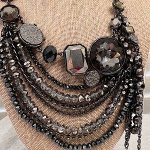 Chico's Jillian Necklace Mixed Media of Black & Grey w Gems of Various Sizes